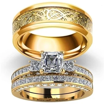 Amvie Pāris gredzeni, zelta inkrustēts ar zircon Eiropas un Amerikas modes sieviešu un vīriešu kāzu gredzeni, saderināšanās dāvanas