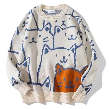 Vīrieši Cute Kaķēns Drukāt Harajuku Vintage Džemperis 2022 Rudens Ziemas Karikatūra Irdenas Trikotāžas Džemperi Mens Hip Hop Puloveri, Trikotāžas